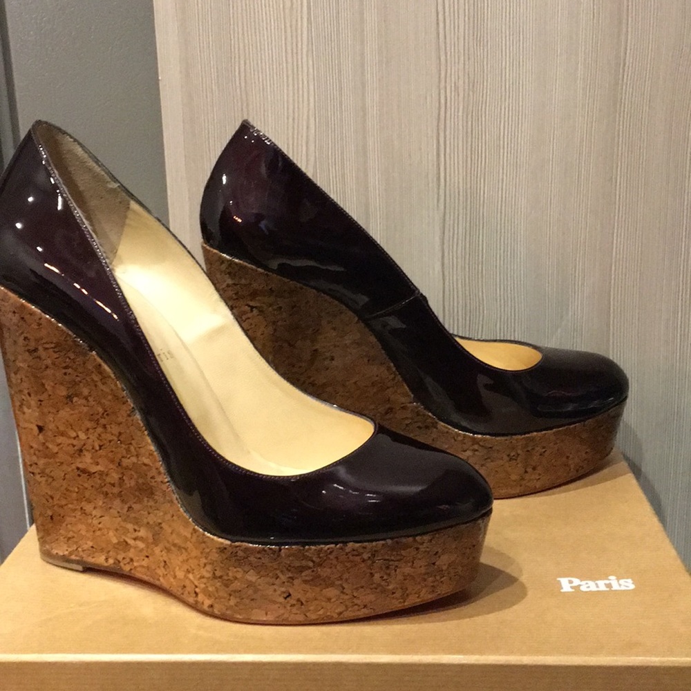 Christian Louboutin Patent Wedge Pumps in Plum and Cork